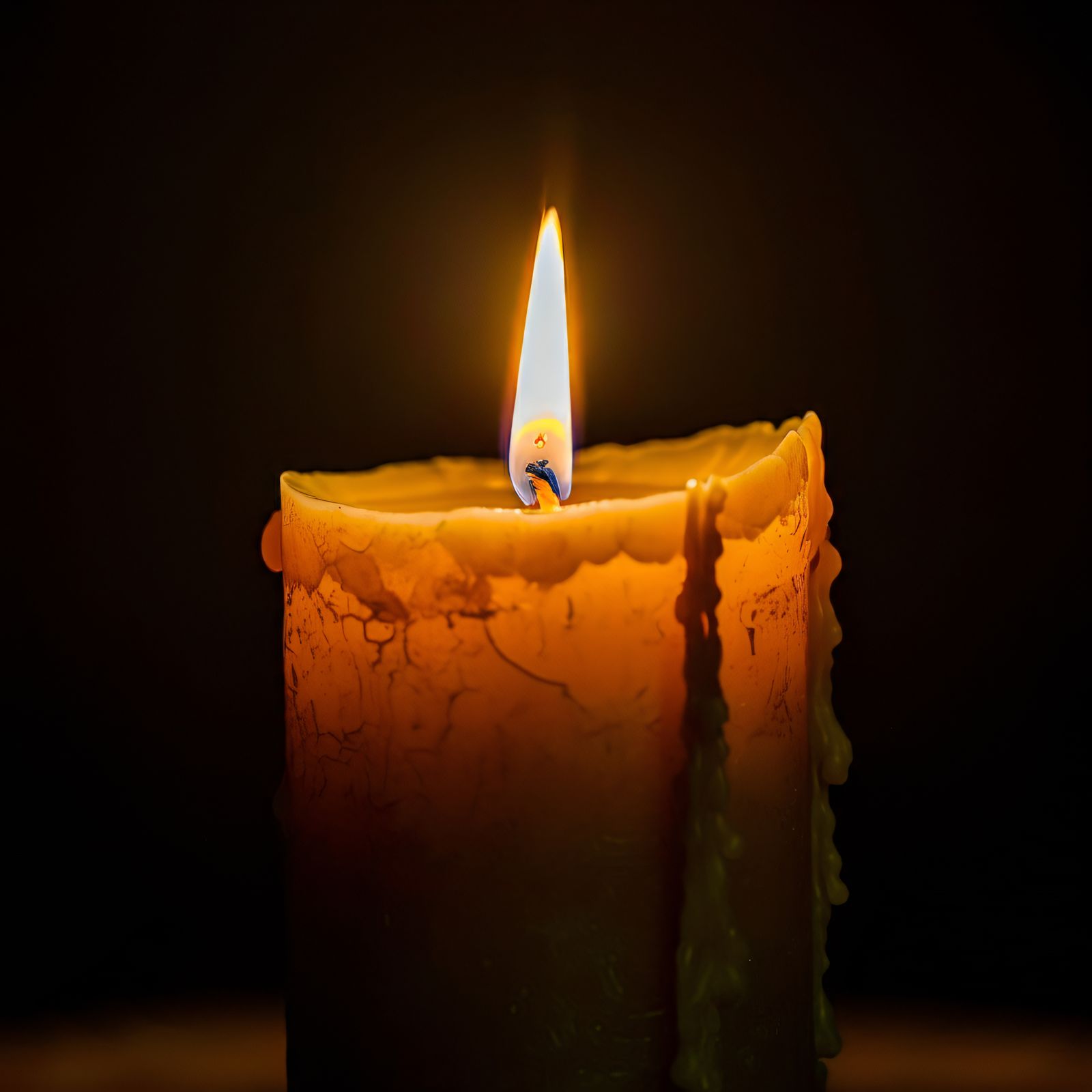 A lit candle glowing warmly against a dark background.