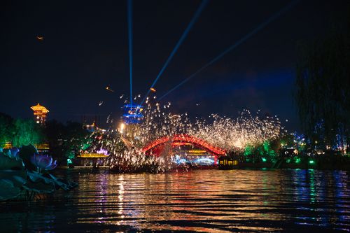 Free Vibrant fireworks illuminate a bridge at night in Kaifeng, showcasing a colorful celebration by the water. Stock Photo