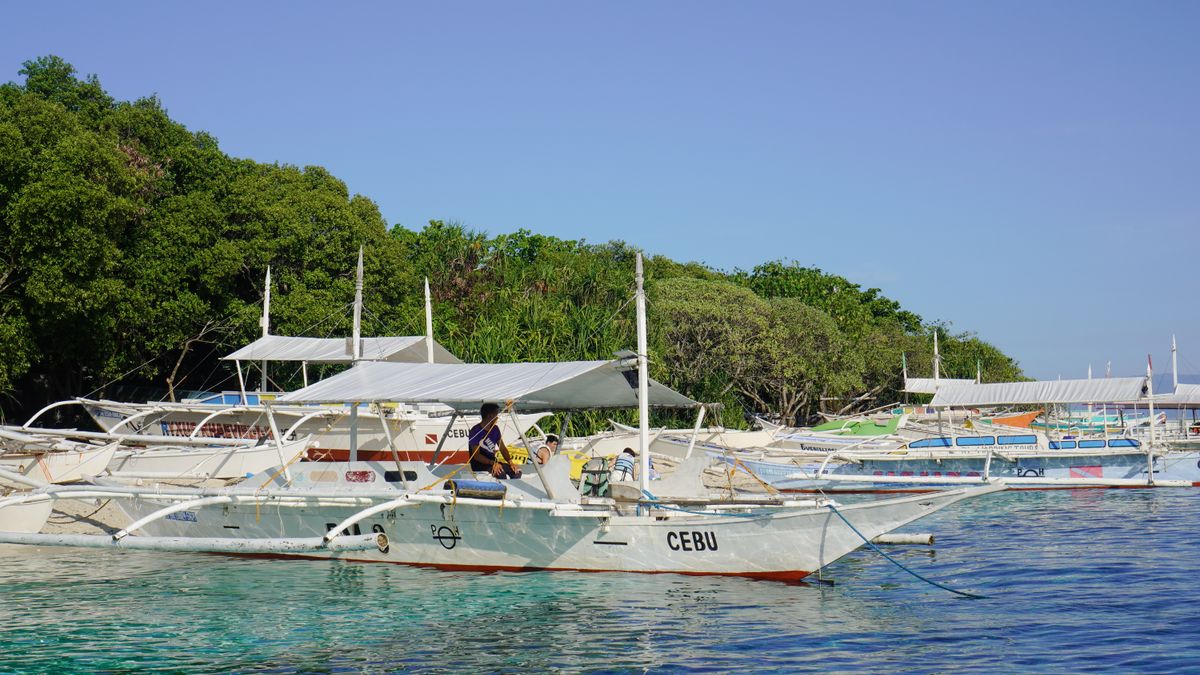 세부 — Scenic view of traditional Philippine boats moored in turquoise waters near lush green coastline of Cebu.