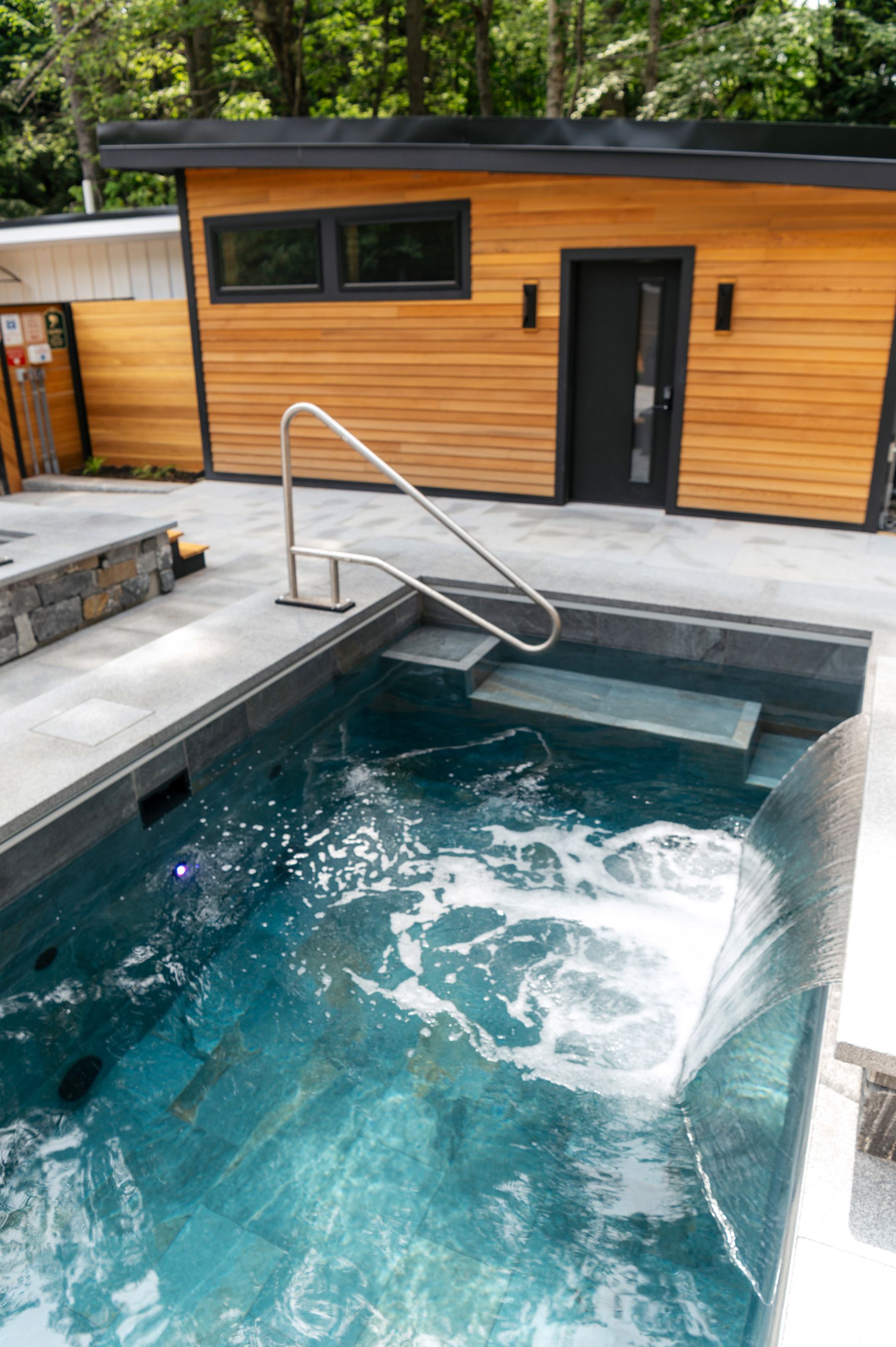 Modern backyard pool and custom pool house