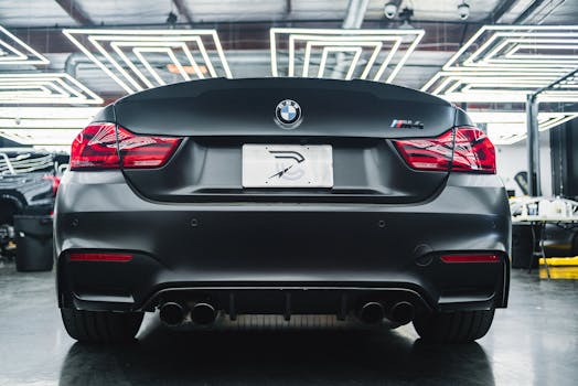 Close-up of a luxury BMW M4 parked in a stylish and modern garage. Perfect for automotive enthusiasts.