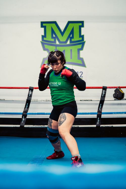 Free Woman practicing boxing in a gym in Buenos Aires, Argentina. Athletic and determined in a training stance. Stock Photo