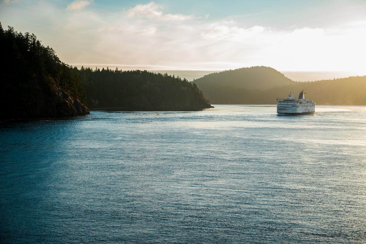 Vessel cruising through peaceful coastal waters