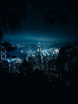Captivating view of Hong Kong's illuminated skyline at night, showcasing vibrant city lights.