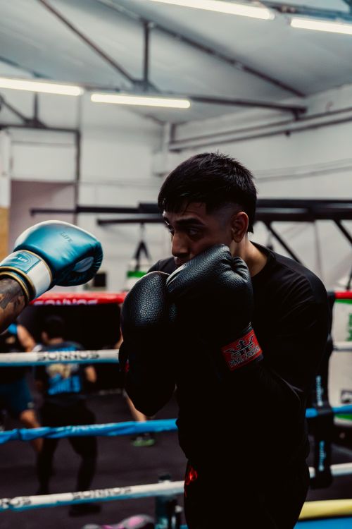 Free Boxers practicing with intensity and focus in a Buenos Aires gym. Stock Photo