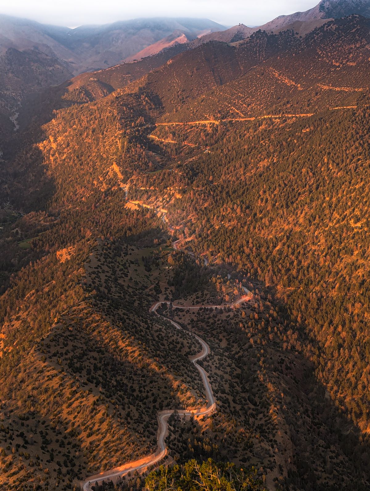 A winding mountain road glowing at sunset