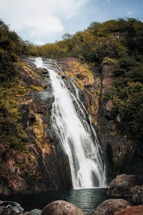 Free Stunning waterfall cascading down cliffs surrounded by lush greenery in Rize, Türkiye. Stock Photo
