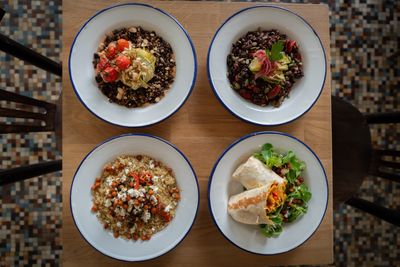 Four grain and vegetable bowls from above, photo by Mohammed-Ali Hamadache on Pexels