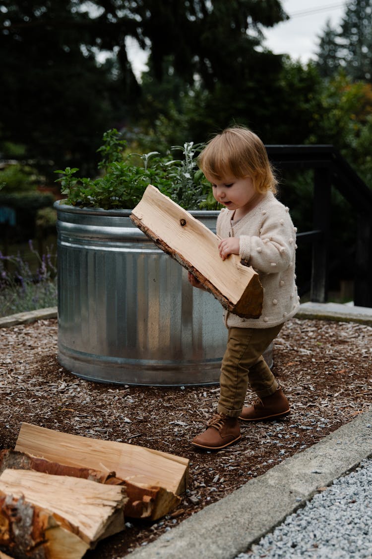 Little Girl Building With Firewood In Garden