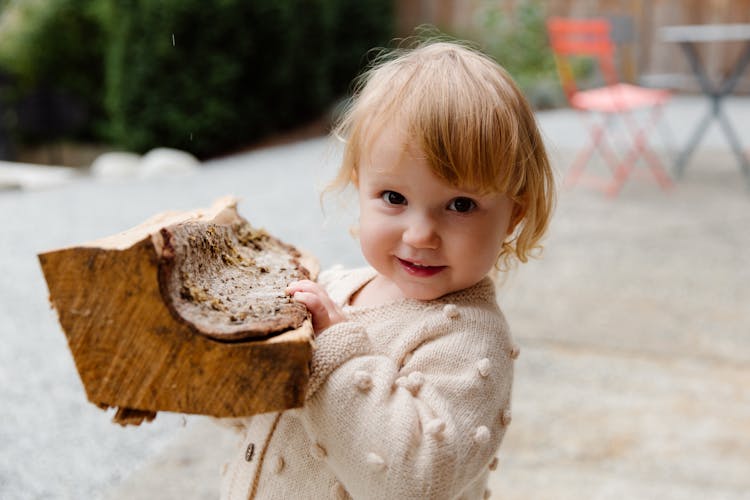 Happy Little Child With Firewood In Garden