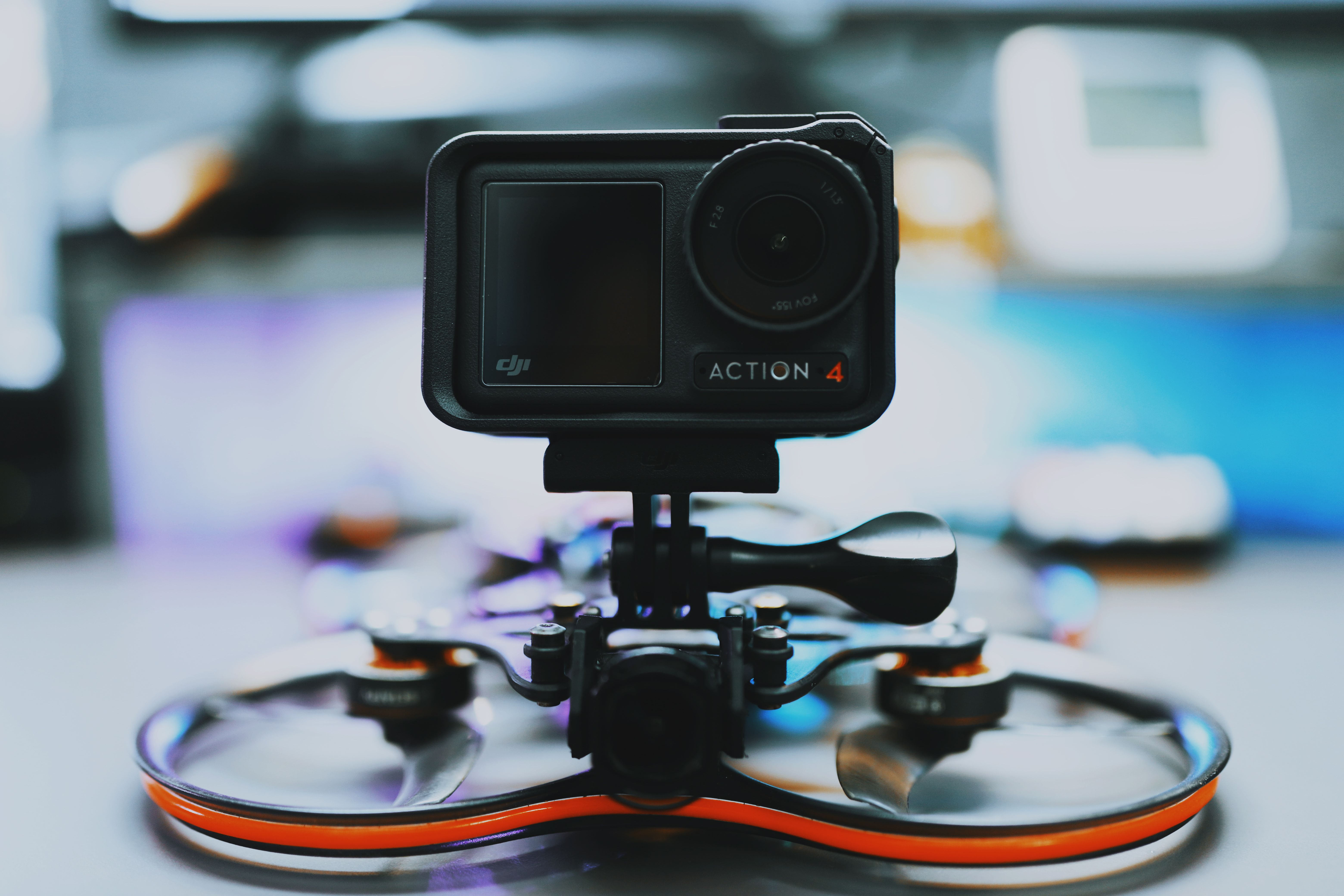 Action camera mounted on helmet for hands-free filming during outdoor activity