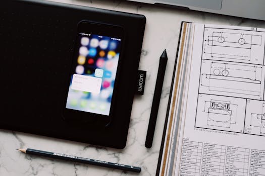 Overhead view of a modern workspace featuring a smartphone, drawing tablet, and architectural drafts.