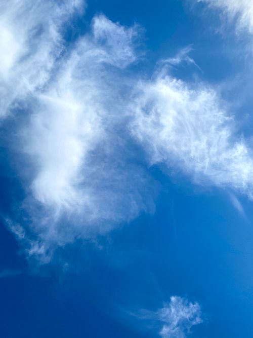 Free Wispy white clouds against a vibrant blue sky on a sunny day, perfect for backgrounds. Stock Photo
