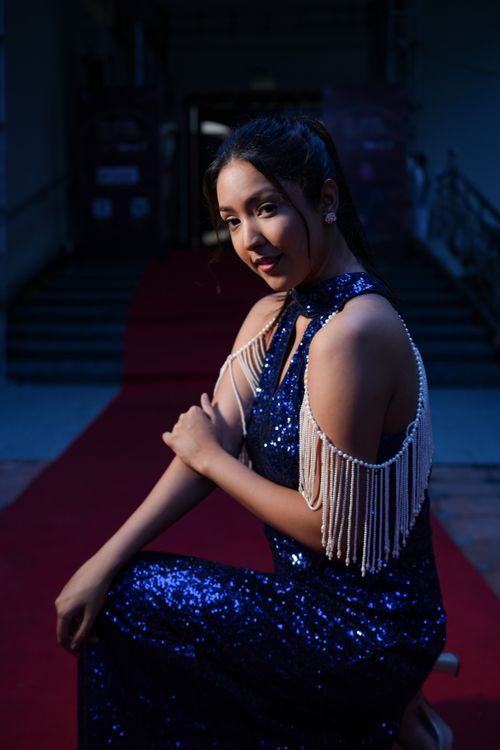 Free A woman poses gracefully in a sequined blue gown on a red carpet during nighttime. Stock Photo