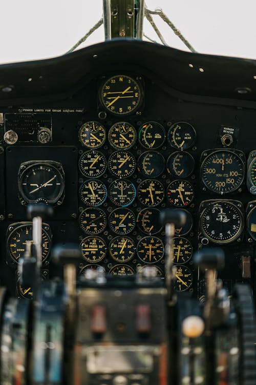 Modern military airplane flight deck with blurred dashboard against panel with gauges