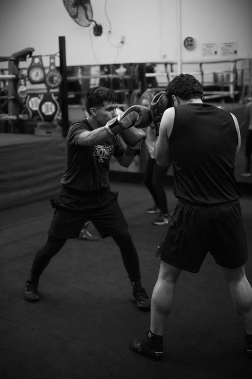 Free Black and white photo of a focused boxing session indoors in Buenos Aires, Argentina. Stock Photo