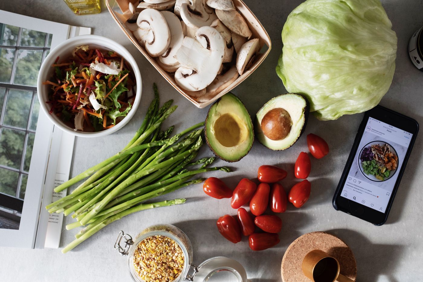 Fresh vegetables and grains arranged for a meal