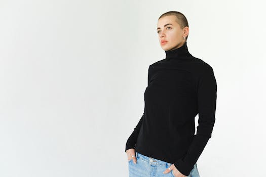 这是一幅极简主义肖像，展现了一位穿着休闲时尚的女性的风格与自信