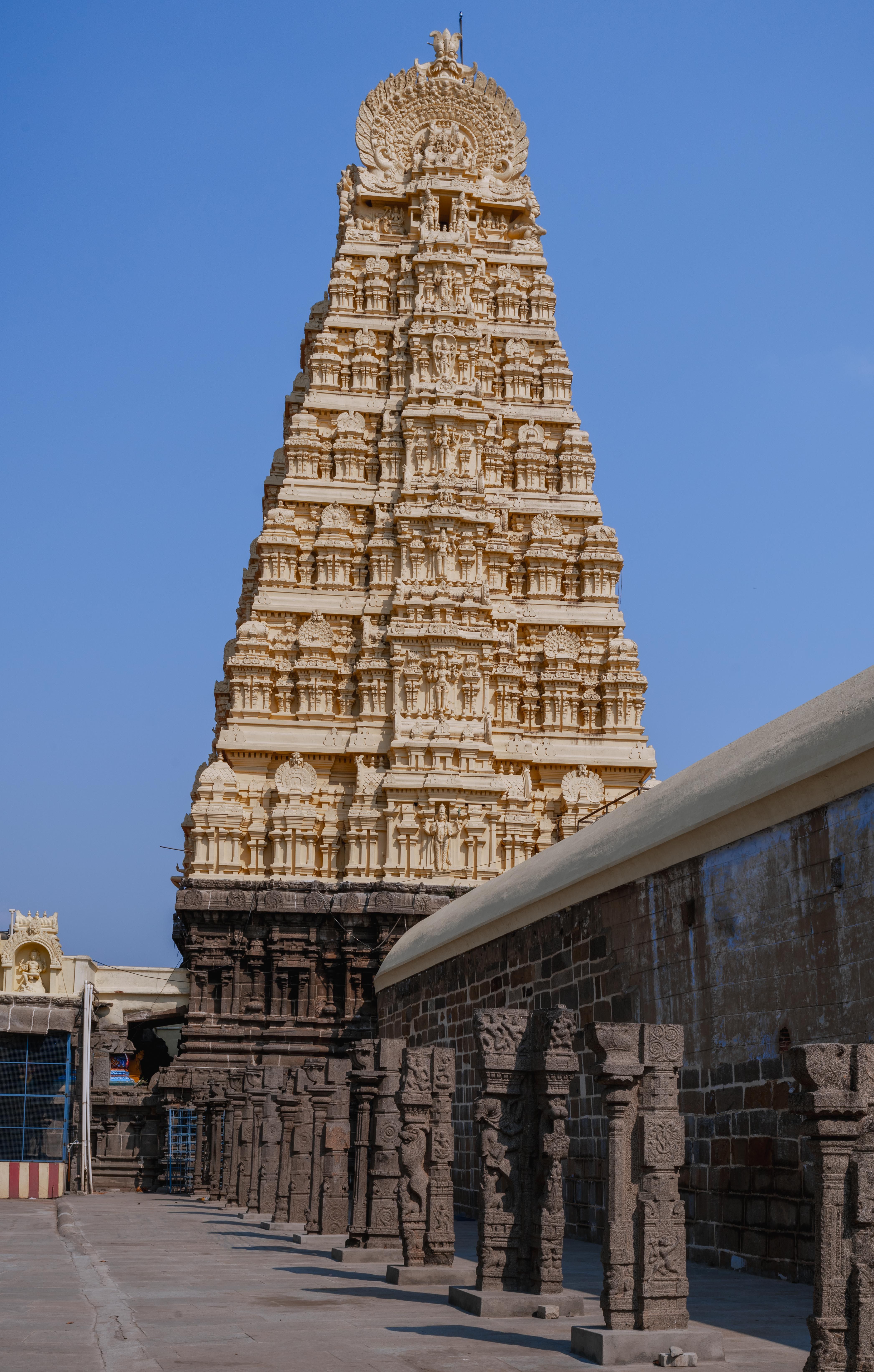 Wide view of the temple gopuram in soft daylight