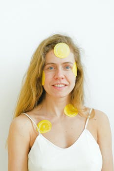 Optimistic female with slices of fresh lemon patches on face smiling and looking at camera while having skincare procedure during weekend