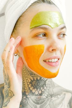 Tattooed woman with green and orange facial mask, towel on head, focusing on skincare.