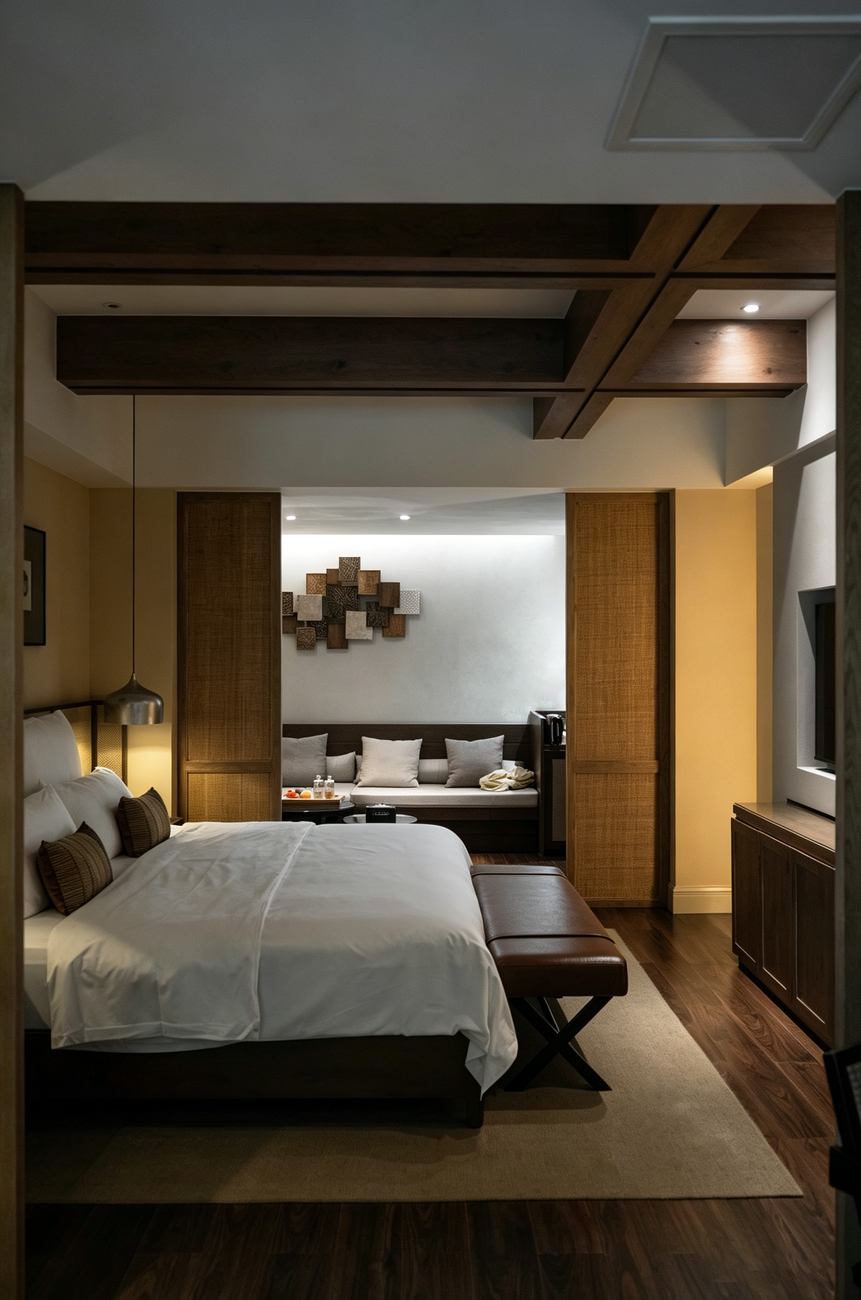 A suite at Gamba Express with warm evening light across the bed and seating area
