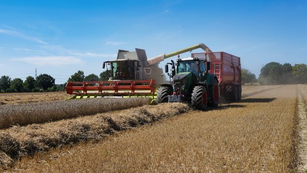 A farmer observing a Fendt autonomous combine during an on-farm trial to evaluate precision farming equipment costs.