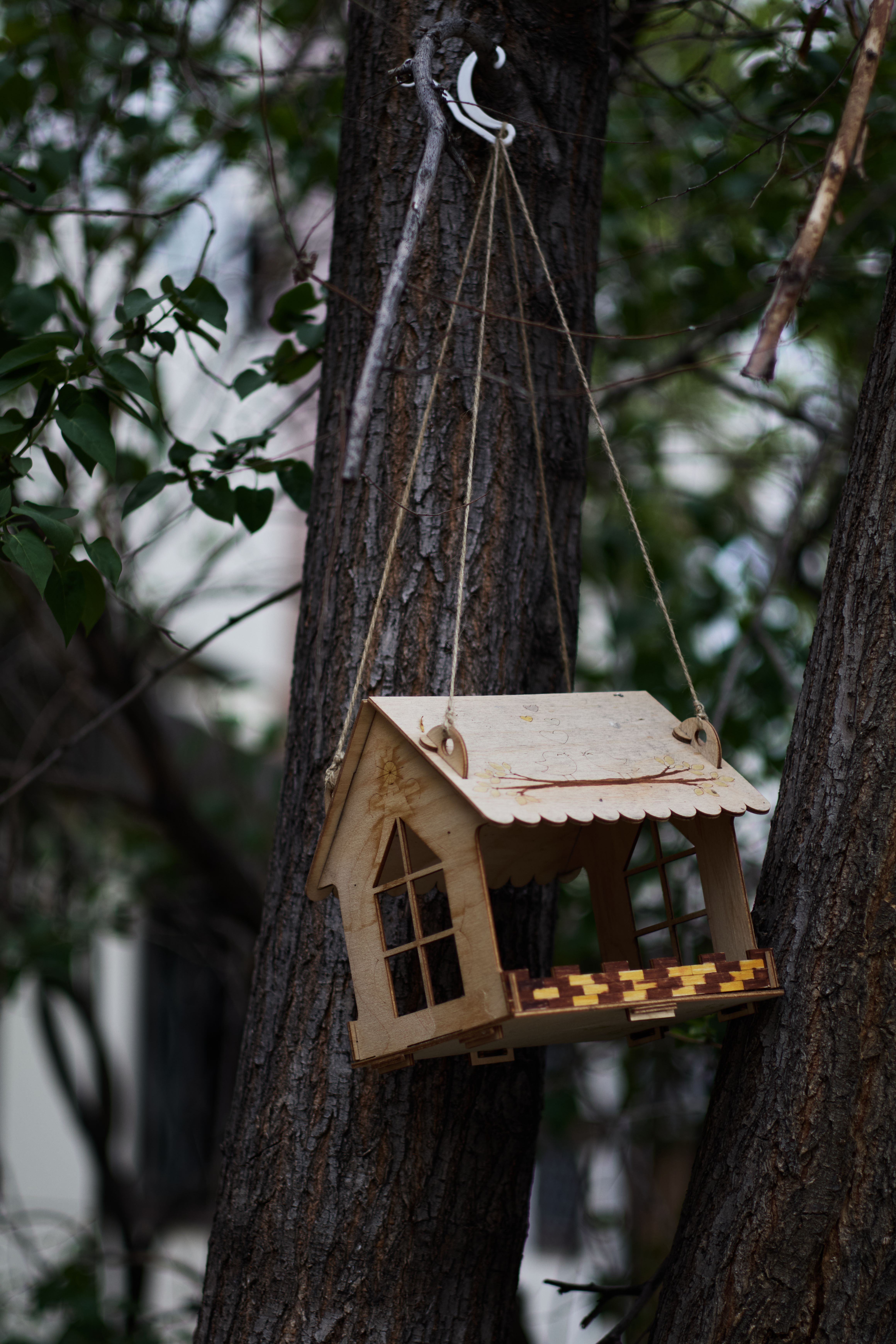 A handcrafted wooden birdhouse hangs on trees amidst green foliage.