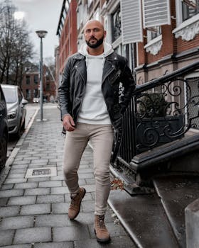 Stylish man in a leather jacket walking down a city street showcasing modern urban fashion.