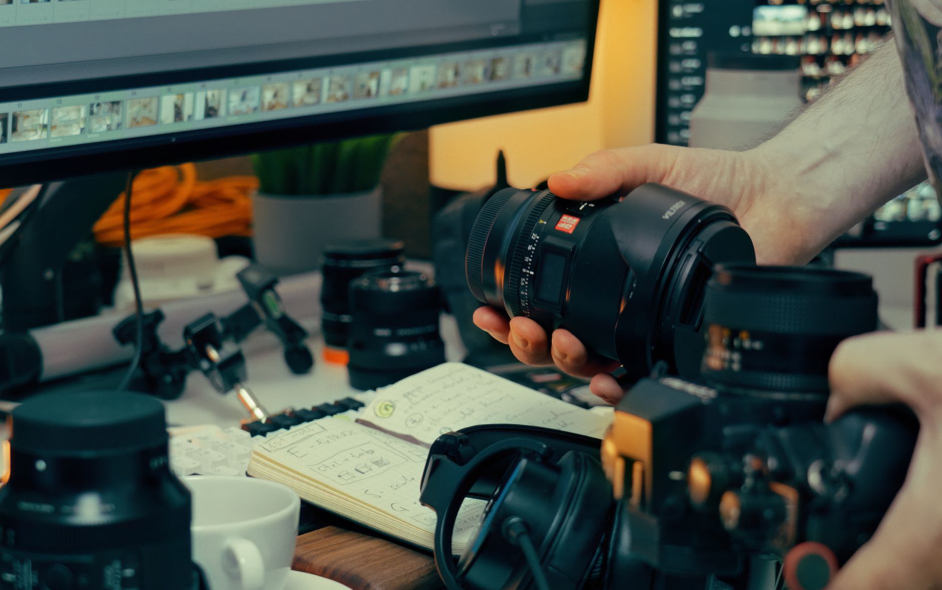 freelance creator organizing social media workflow on desk