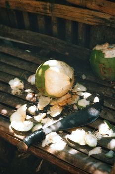 A machete and freshly cut coconut on a rustic bamboo bench. Captures a tropical ambiance in the Philippines.