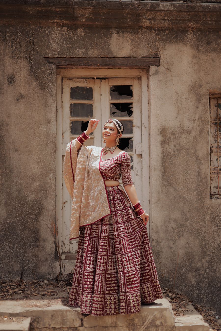 Maroon Block-Print Lehenga