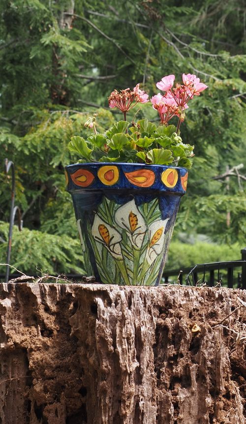 Free Colorful painted flower pot with pink blossoms on a weathered stump in a lush garden. Stock Photo
