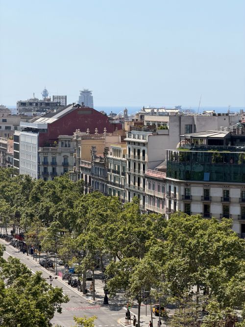Free Aerial shot of Barcelona's vibrant architecture with nearby skyline under a clear blue sky. Stock Photo