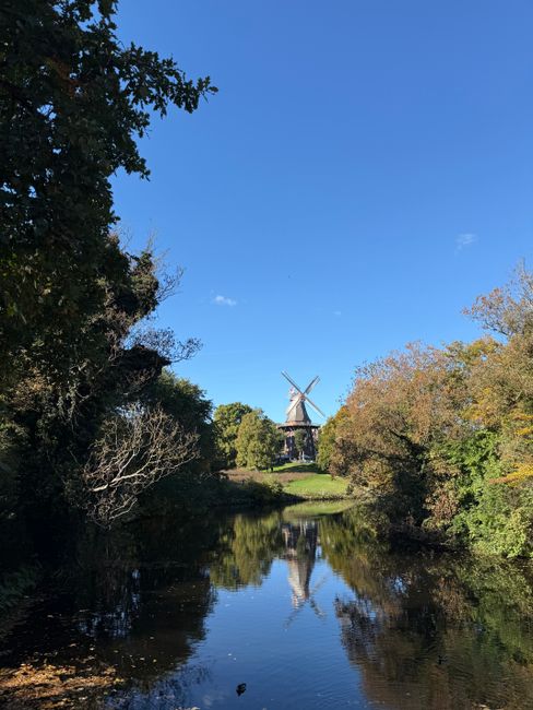 Tranquil view of a historical windmill in Bremen, Germany, reflecting in a serene lake under a clear blue sky.