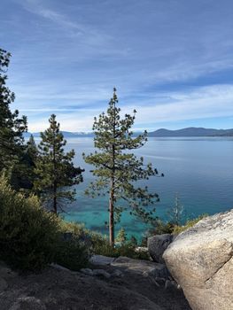 A serene view of Lake Tahoe surrounded by pine trees and mountains under a clear sky.