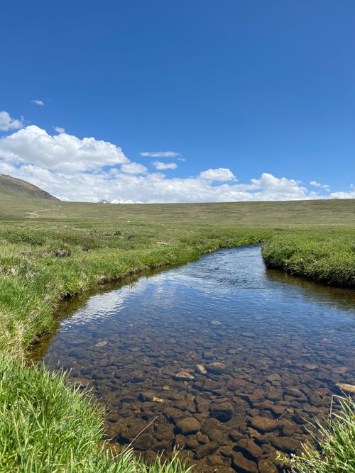 Free Peaceful mountain stream flowing through lush grassland under a clear blue sky with fluffy clouds. Stock Photo