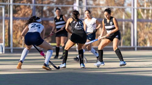 Free Competitive field hockey match with women players in action on the field outdoors. Stock Photo