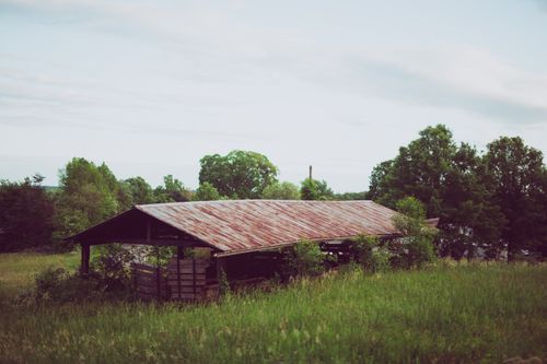Free An old rustic barn surrounded by lush greenery in a serene rural landscape. Stock Photo