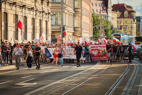 Free Large group march in Wrocław commemorating historical events, flags displayed. Stock Photo