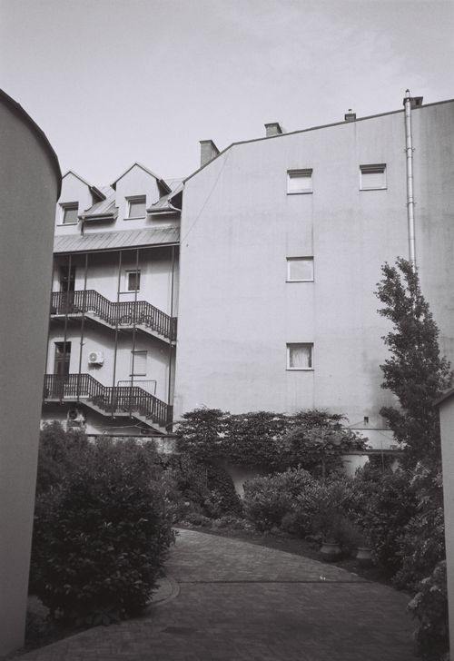 Free Black and white photo of a residential building and garden pathway. Stock Photo