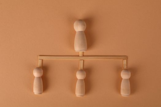 Photo by Ann H Minimalist wooden peg dolls arranged in a family tree or business hierarchy structure on a brown background.