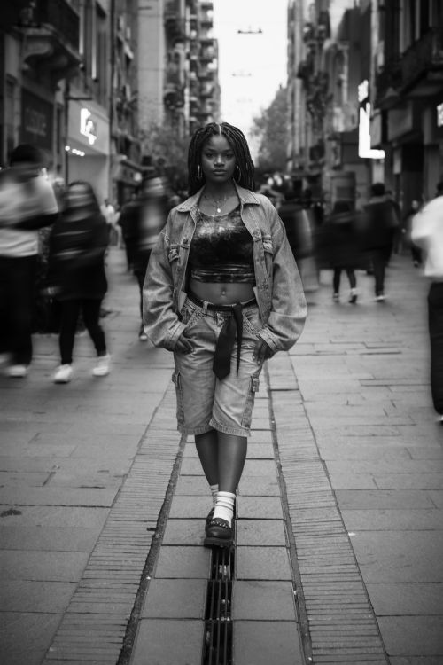 Free Black and white portrait of a stylish woman confidently walking in a busy downtown street. Stock Photo