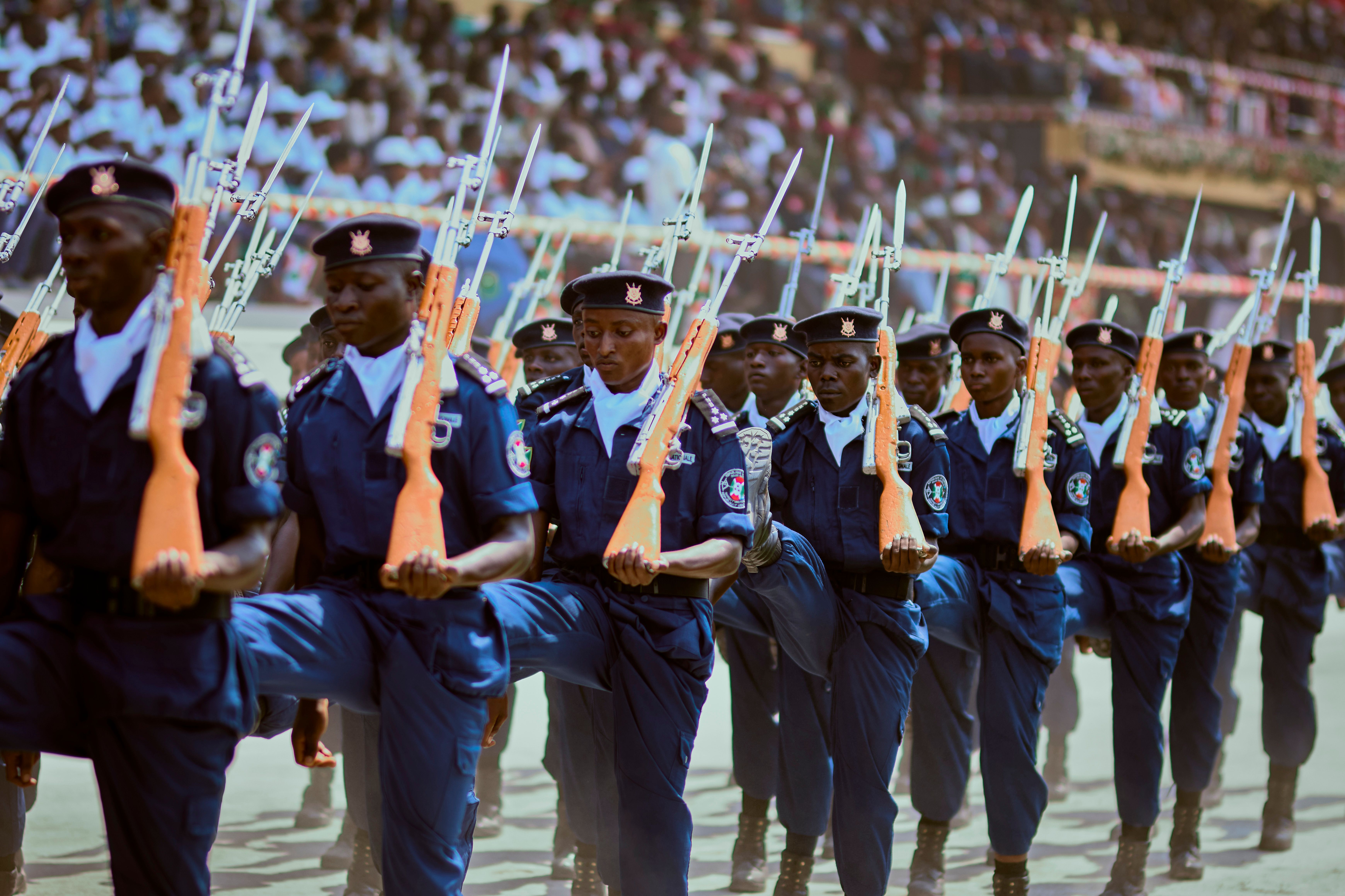 Soldiers stand in formation during a military parade