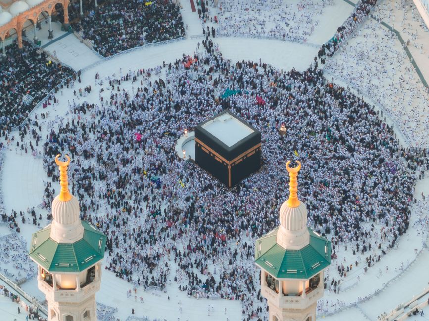 Masjid al-Haram Makkah wide courtyard with pilgrims