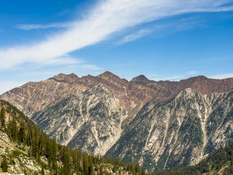 Breathtaking view of a rugged mountain range with clear blue skies.