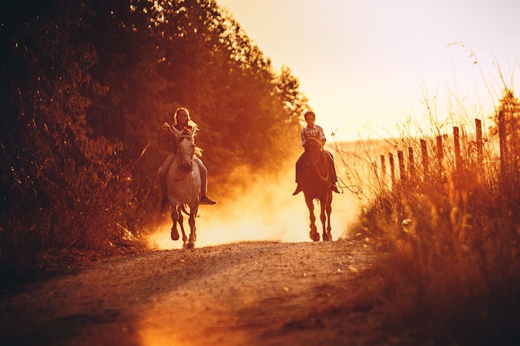 People Riding Horses During Sunset