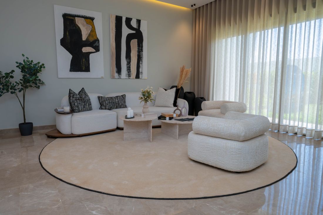 Salon moderne avec œuvres et objets décoratifs