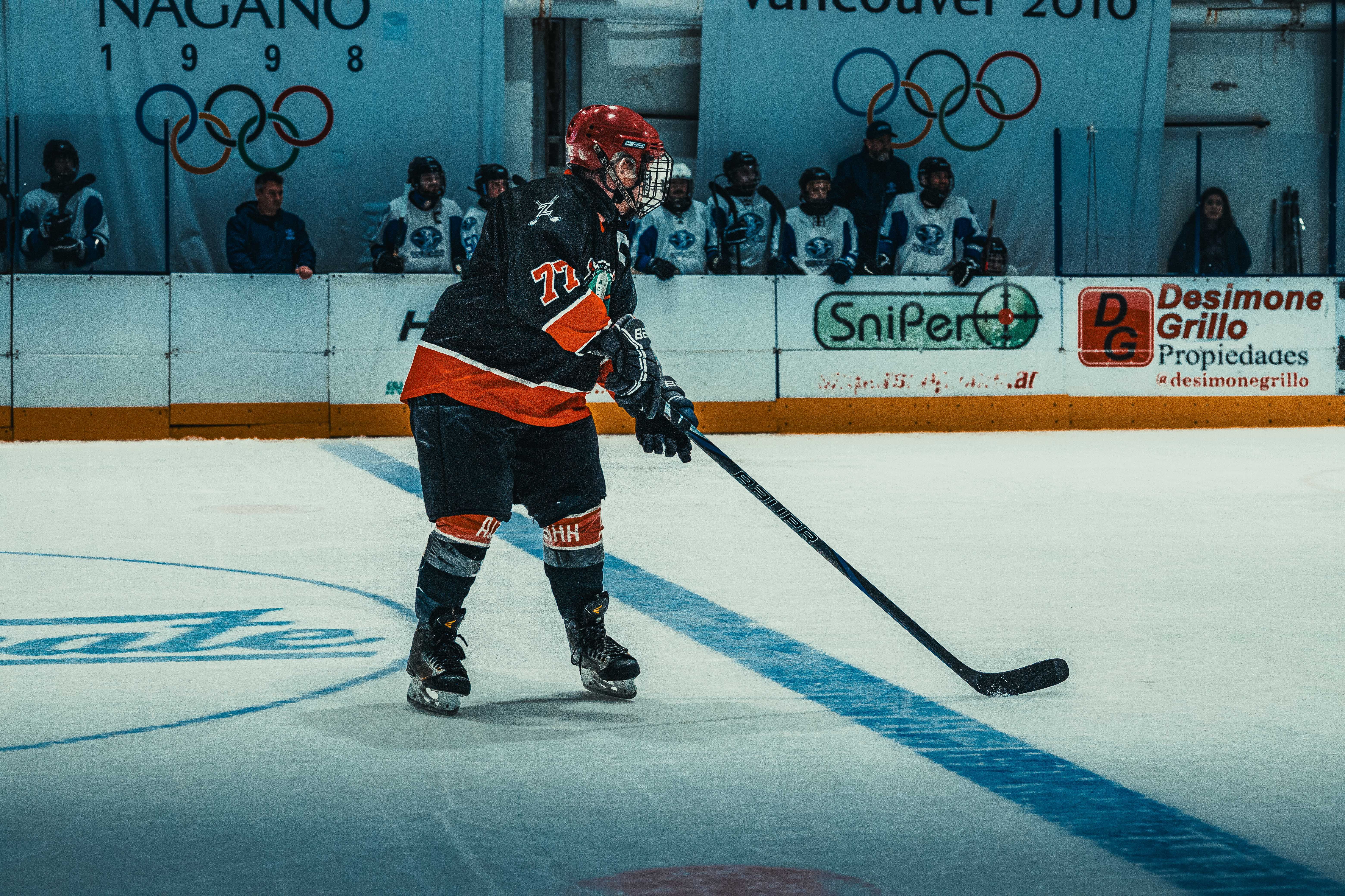 A thrilling moment in an ice hockey match with a player in action, captured in Buenos Aires, Argentina.