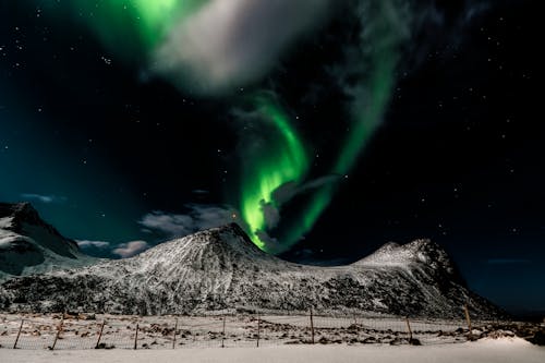 Free Aurora Borealis over a Snow Covered Mountain Stock Photo